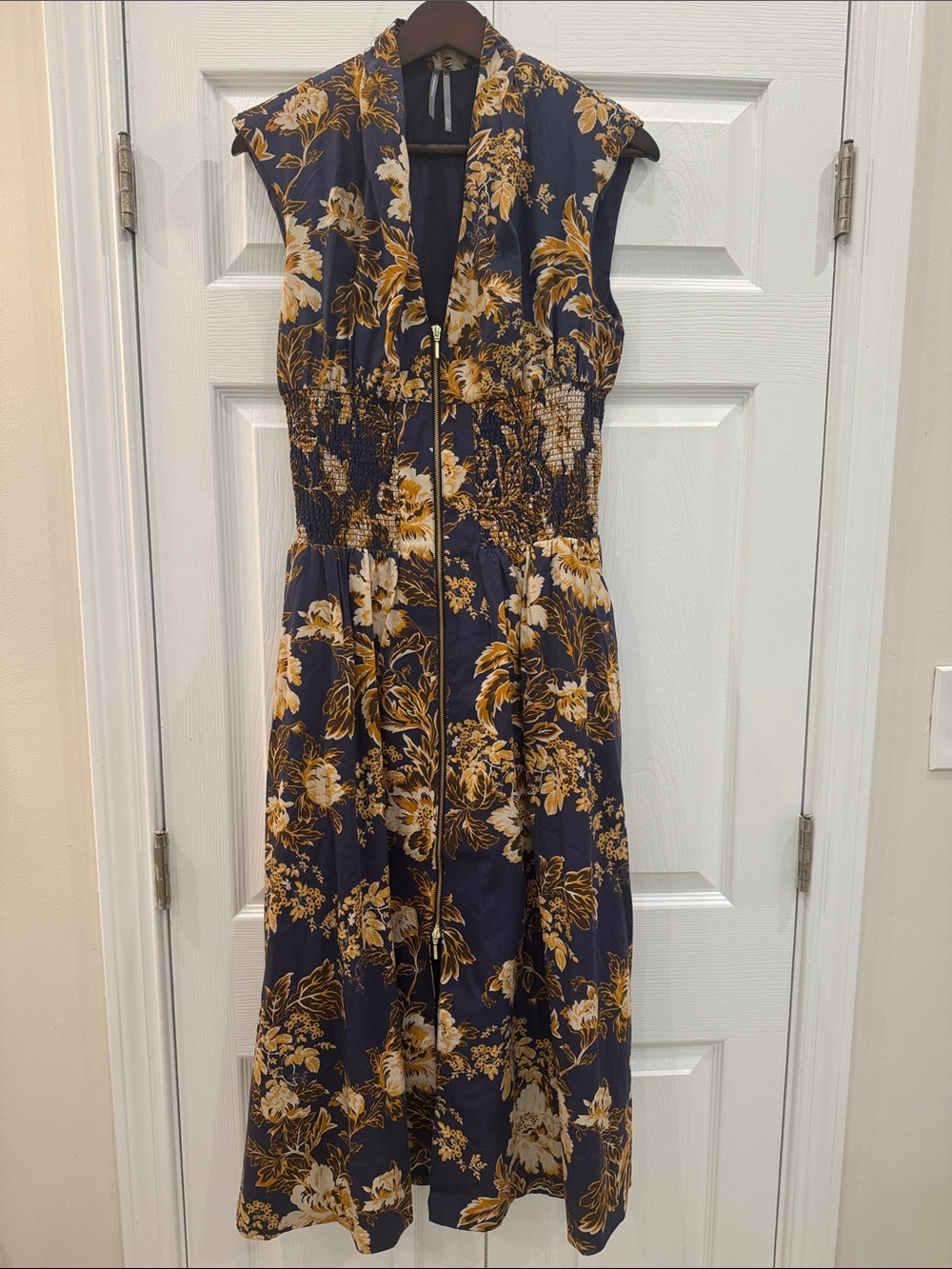 Anthropologie Navy and Gold Floral Zip-Front Midi Dress